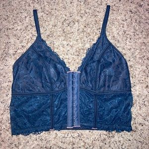Medium navy blue lace, front clip tank top from Target. Sewing done in pink